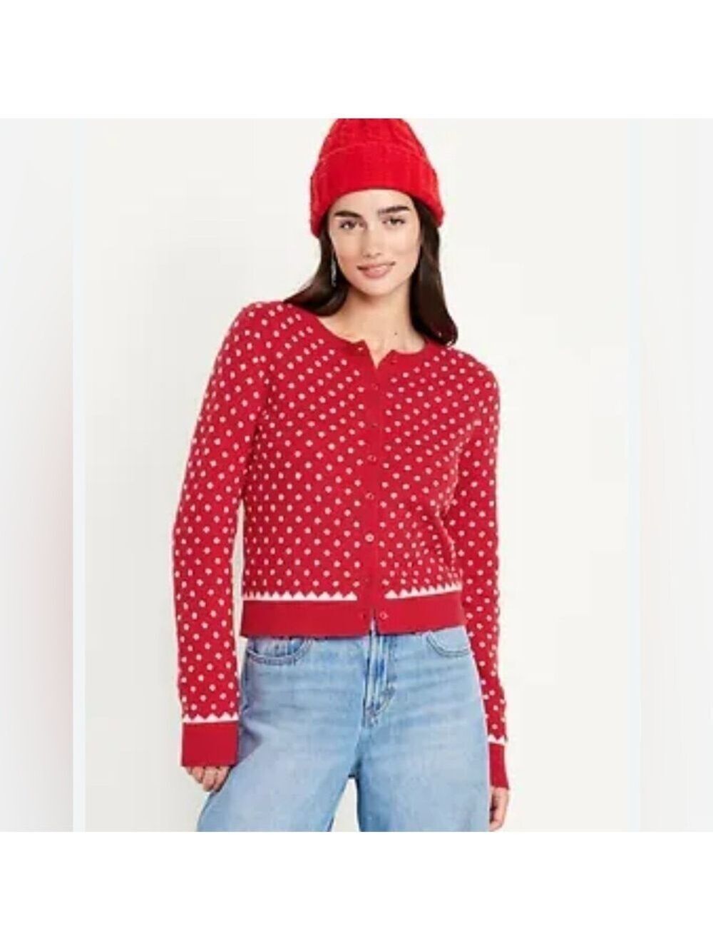 Old Navy Sosoft Crewneck Fair Isle Festive Holiday Preppy Cardigan Sweater NWOT
